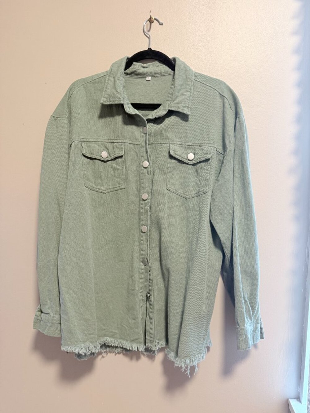 Sage Green Oversized Denim Shacket Shirt Jacked with Frayed Hem 100% Cotton XXL